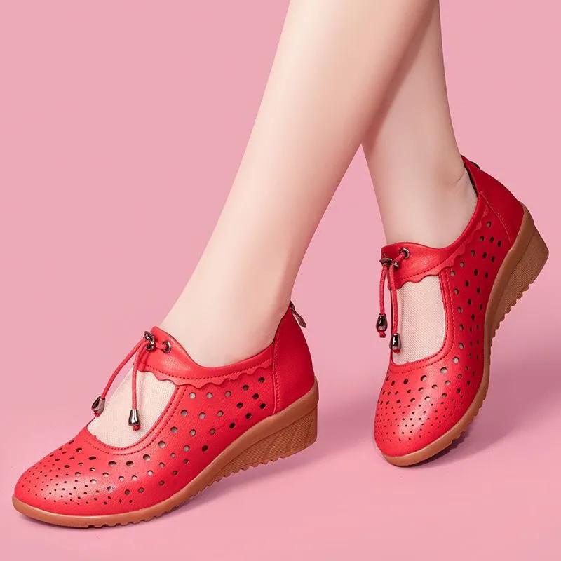Women Fashion Light Weight White Hollow Out Breathable Footwear Lady Casual Red Comfort Summer Wedge Heel Shoes Ab568