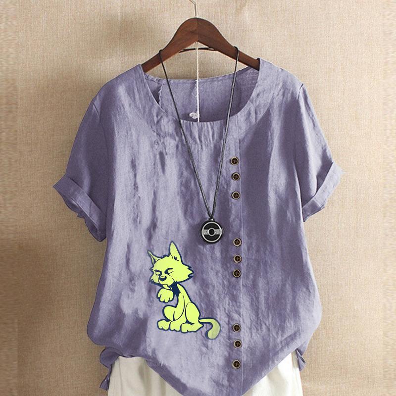 Women's Fashion Fox Print Short Sleeve T-shirt Loose Cotton Shirt Casual Loose Summer Blouse Tops Plus Size