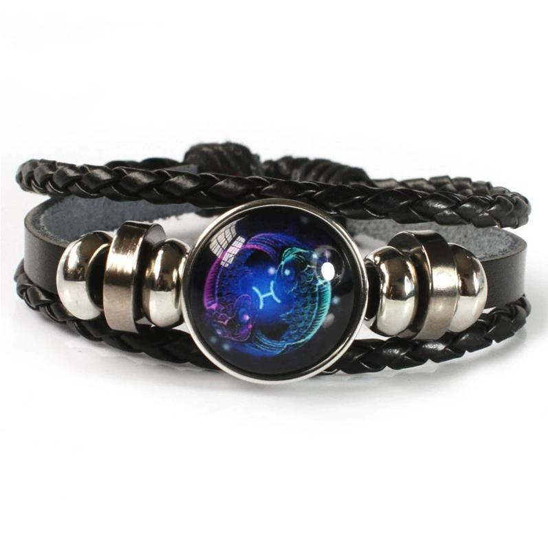 12 Sternbilder Sternzeichen Schwarzes geflochtenes Lederarmband Krebs Löwe Jungfrau Waage Gewebtes Glaskuppelschmuck Punk Herrenarmband