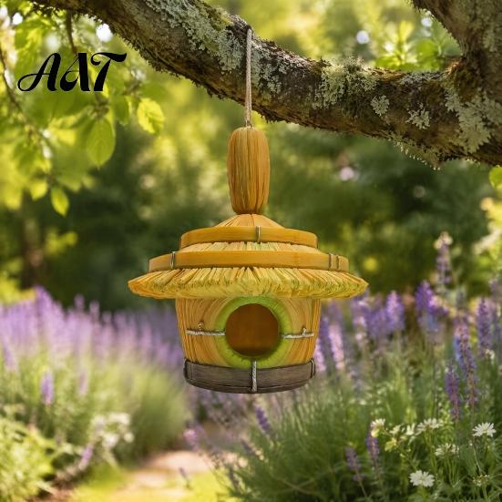 Rustic Thatched Roof Bird House Hut House, Decorative Resin Weatherproof Hanging Nest for Backyard Shelter Outdoor Garden Decor Watching Gift Lovers