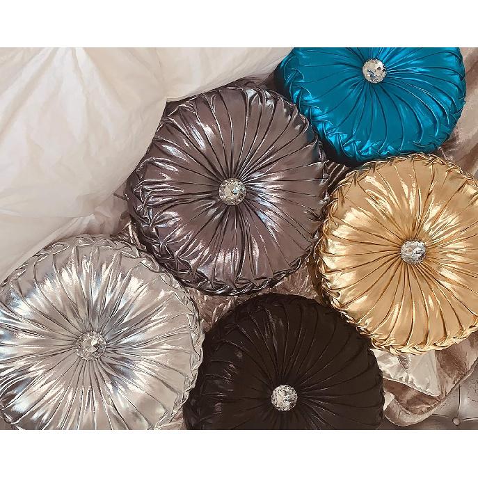 Tresshouse European Round Throw Pillows, Soft Spandex Fabric Pumpkin Pleated Handmade Metallic Accent Circle Insert Cushion Diamond To Enhance for