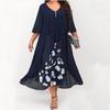 Rochie de damă din șifon cu cusături, aspect de piesă dublă, mâneci scurte neregulate, croială largă, mărimi mari