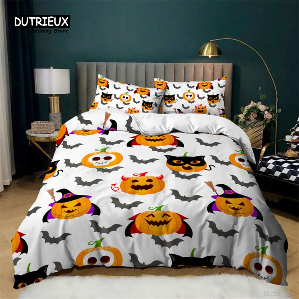 Cartoon Pumpkin Duvet Cover Gothic Halloween Skull Bedding Set Polyester Lantern Ghost Comforter Cover King For Boys Girls Decor