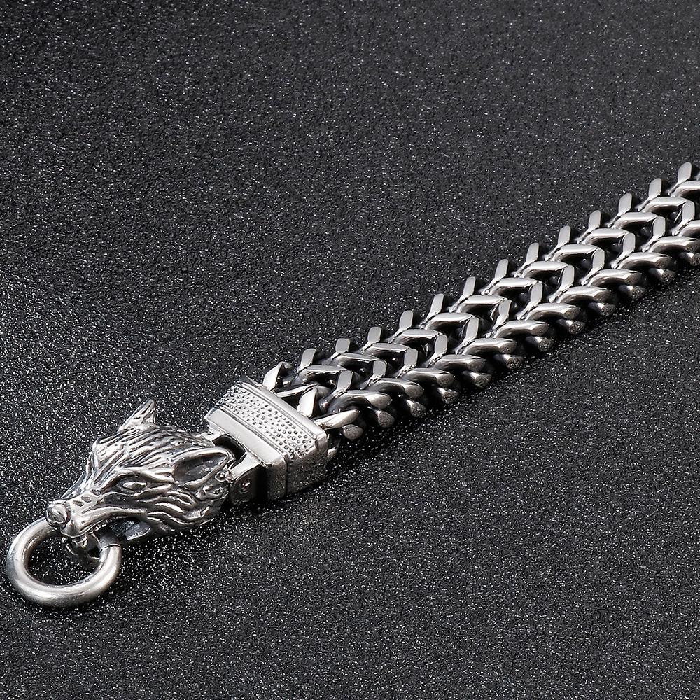 Men's Double Wolf Head Bracelet Man Vintage 12MM Width 316l Stainless Steel Punk Chain Gothic Animal Jewelry Accessory for Men