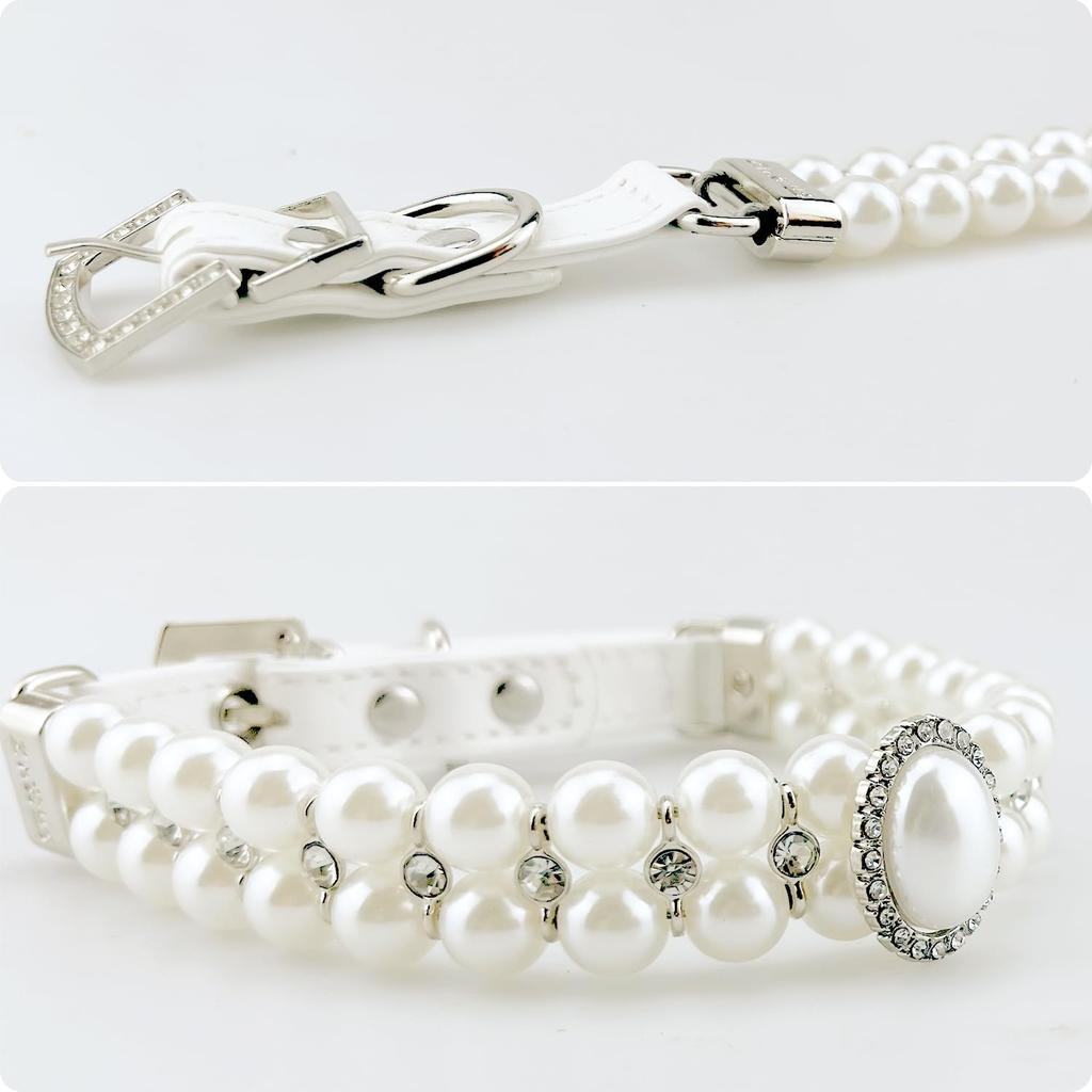 KUDES Small Dog Cat Big Pearl Collars with Crystal Rhinestone Diamond Décor, Adjustable Cute Fashion Pet PU Leather Collars Necklace for Wedding