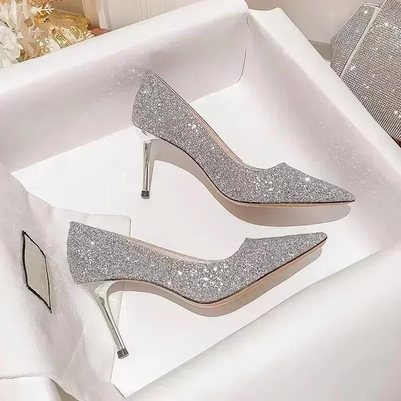Bling High Heels Wedding Pumps Luxury Designer Elegant Party Ladies Shoes 2025 High Quality Dress Banquet Sequins Pumps