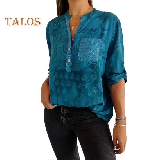 

Женская летняя рубашка с v-образным вырезом и лацканами, пуловер с половиной рукавов, топы с принтом, пуговицы, половина планки, пайетки, накладной карман, свободная рубашка L синий