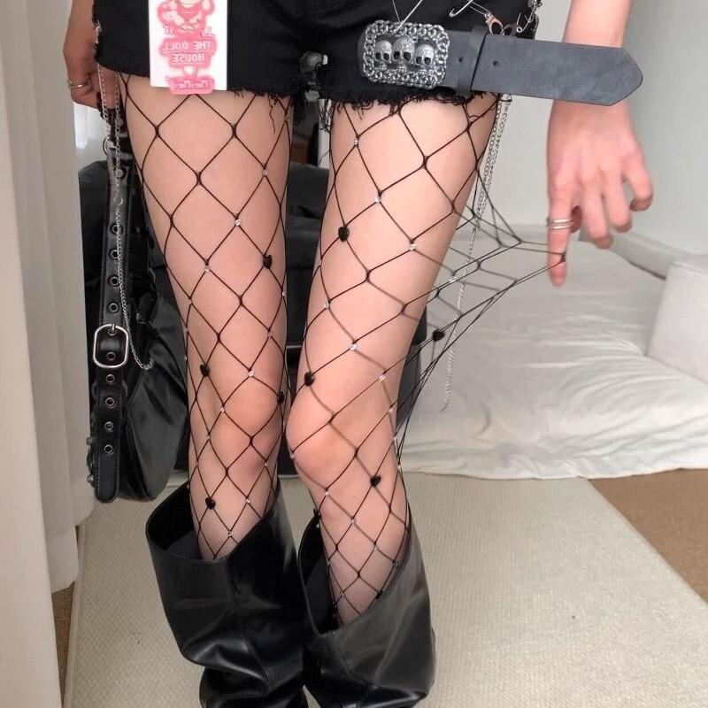 Sexy Fishnet Stockings Women'S Hollow Red Rhinestone Black Stockings Y2K Anti-Hook Pantyhose European And American Bottom Socks