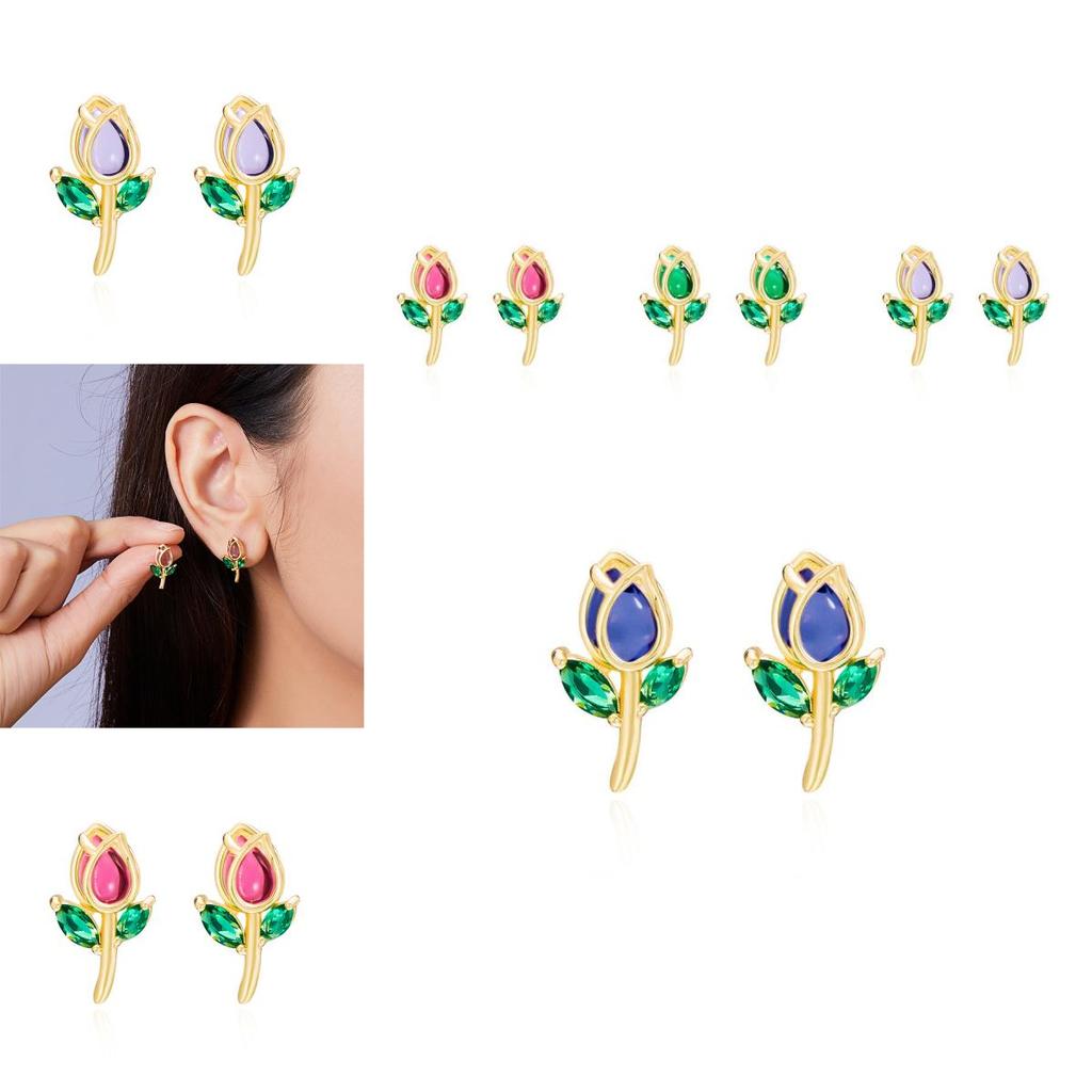 Floral Tulip Stud Earrings For Women Copper Glass Spring Fashion Jewelry