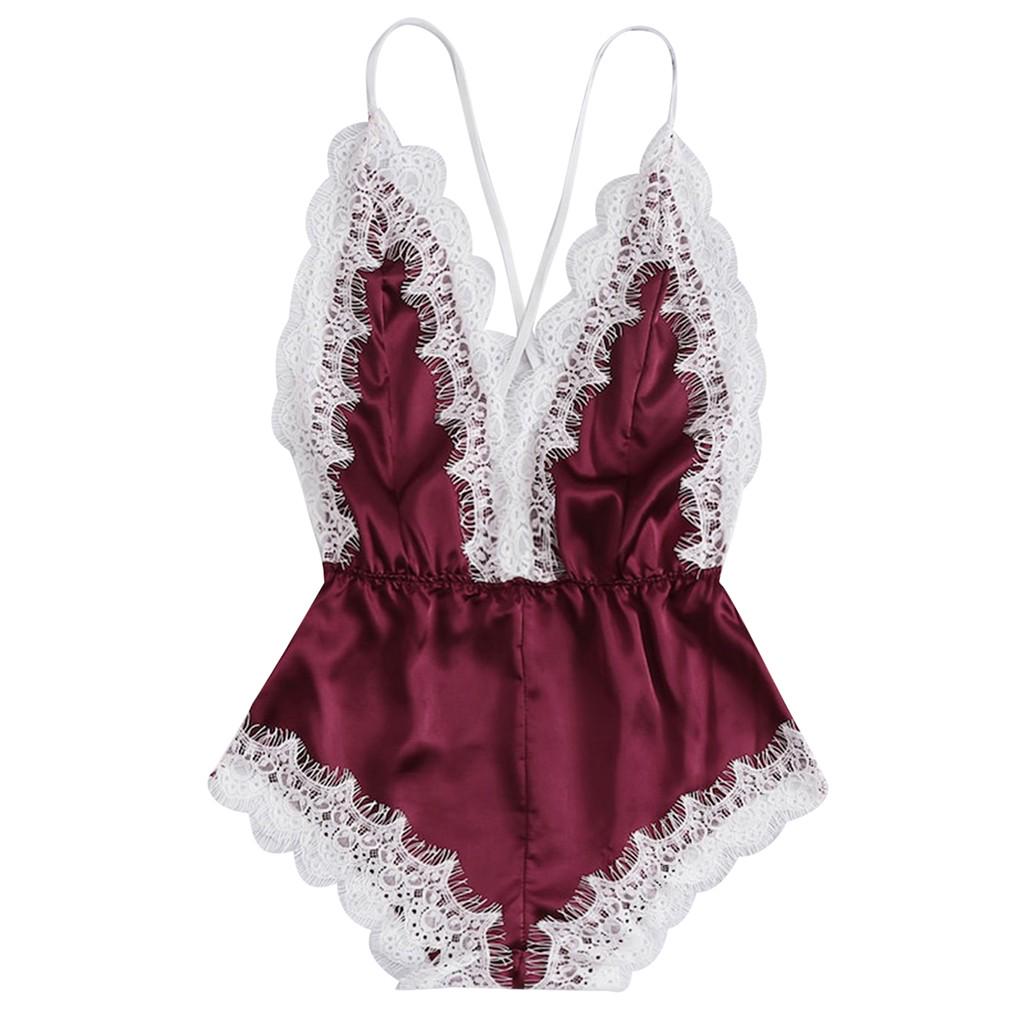 Fashion  Women Sexy Lingerie Girl V-neck Lace Splice Bodysuit Sleepwear 
