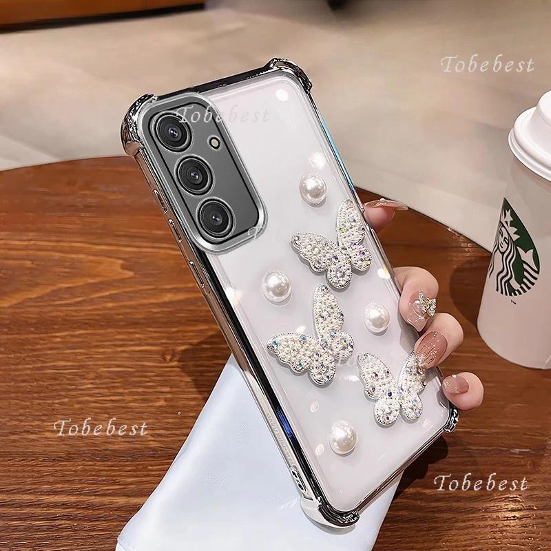 Custodia 3D Placcata Antiurto con Farfalla di Perle per Samsung Galaxy A04 A04S A04E A03 A03S A02 A02S A20 A30 A50 A70 A10S A20S Cover