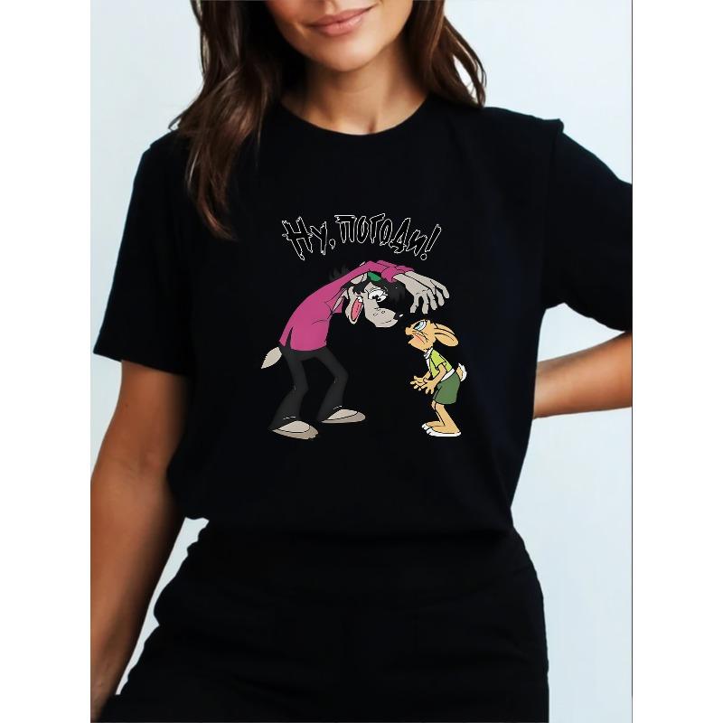 

Women s Egg Tart Special Russian Cartoon Print T-Shirt Fashion Round Neck Short Sleeve Casual Daily Top S