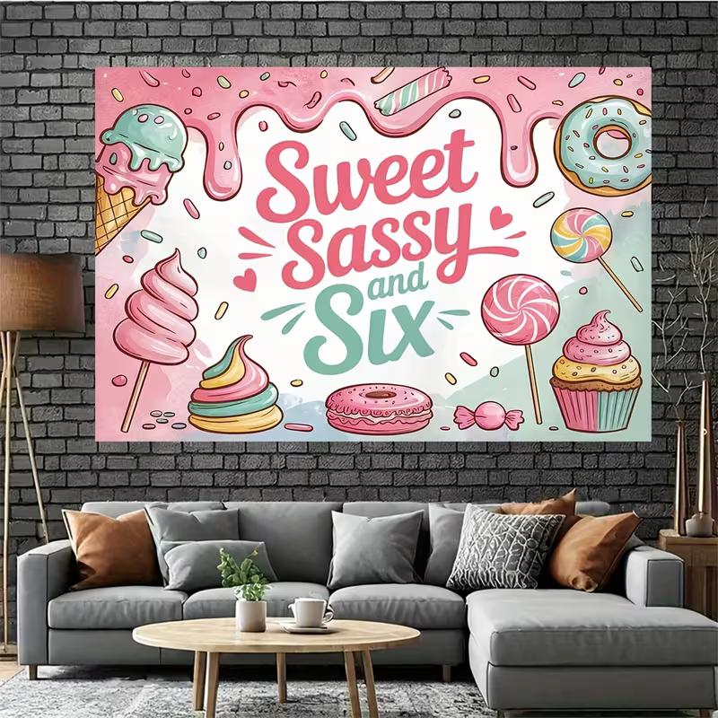 2D Pink Birthday Backdrop "Sweet Sassy and Six!" with Donuts, Cupcakes & Sprinkles Background
