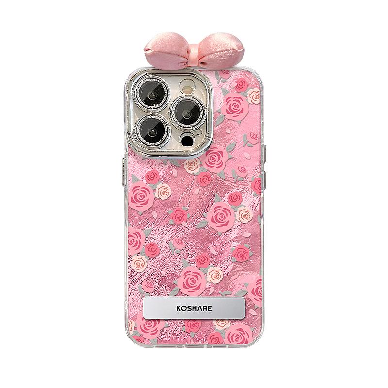 Full Screen Rose Bow Bracket Suitable for Apple 16 Mobile Phone Case 15/14PRO Tin Foil Glacier Pattern 13 Lens Film