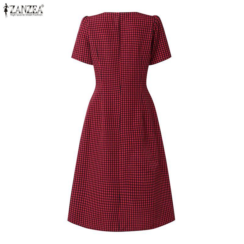 ZANZEA Womens Square Collar Short Sleeve Casual Grid Print Dress