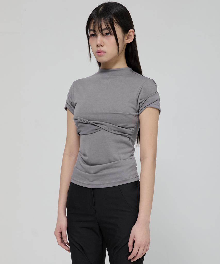 Peulleeoeob Asymmetrical Draped Mock Neck T-Shirt (Fl-126_Gray)