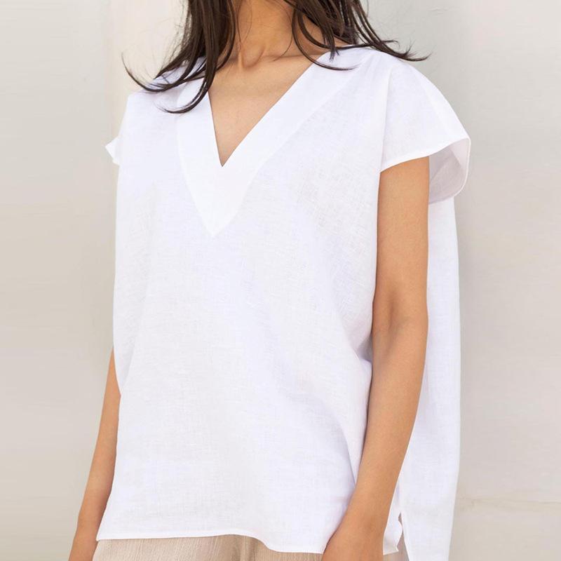 Exclusive for V-neck tops for women's front short and rear long solid color pure linen versatile short sleeves t