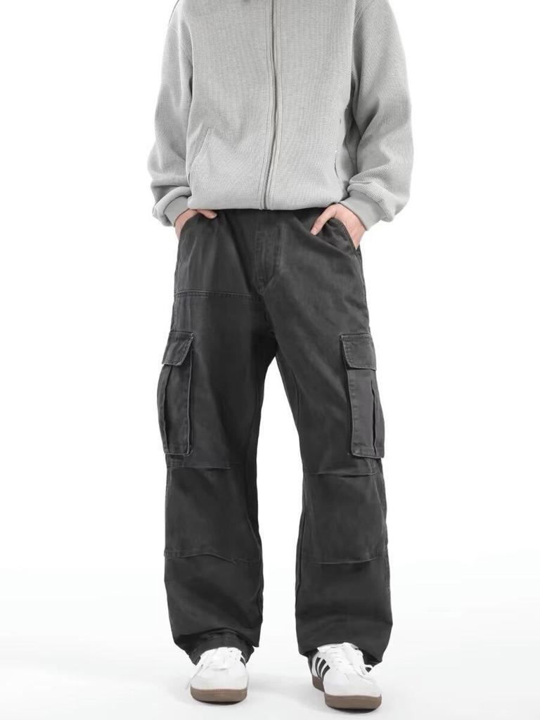 Men's Retro Punk Cargo Pants - Spring/Autumn 2025, Multi-Pocket, Heavyweight, Loose Fit, Straight Leg, Casual.