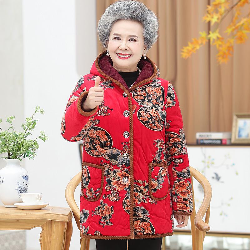 

Women s Mid-Length Winter Jacket: Grandma Style, Fleece-Lined, Thickened Cotton for 60s-70s Cold Protection. XL (Recommended: under 105 jin) червоний