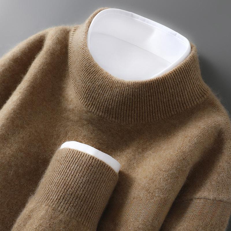 Men's Pure Wool Cashmere Knit Pullover - Autumn/Winter Half-High Neck Sweater