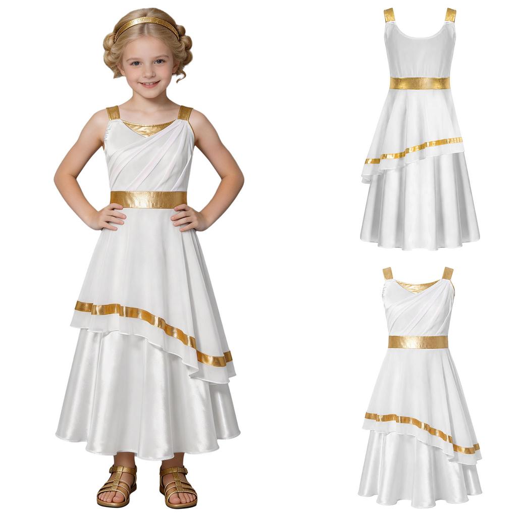 Kids Girls Ancient Greek Costume Color Blocked Layered Robe Sleeveless Side Invisible Zipper Metallic Trim Dress for Halloween Role Play Party