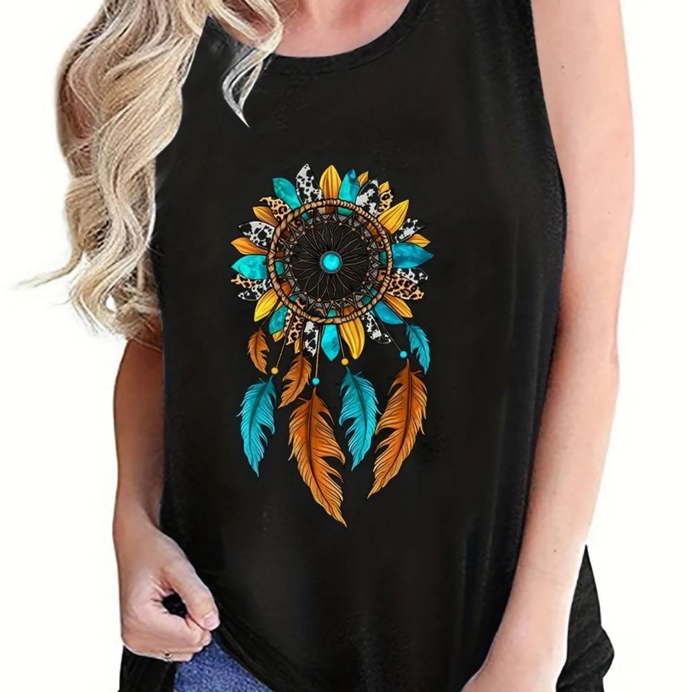 Summer women's loose and personalized dream catcher mesh printed sleeveless vest top T-shirt comfortable sleeveless sweater
