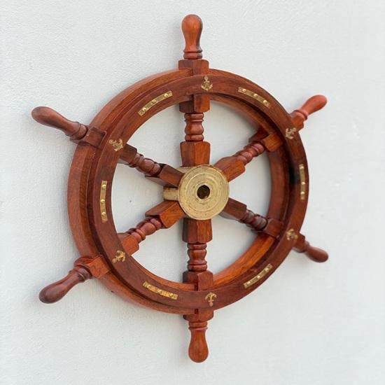 Wooden Ship Wheel Nautical Wall Decor, Maritime Coastal Beach House Helm Art Wooden Handle