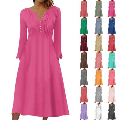 Mode Damen Casual Fashion Volltonfarbe Tasche V-Ausschnitt Pullover Langarm Kleid