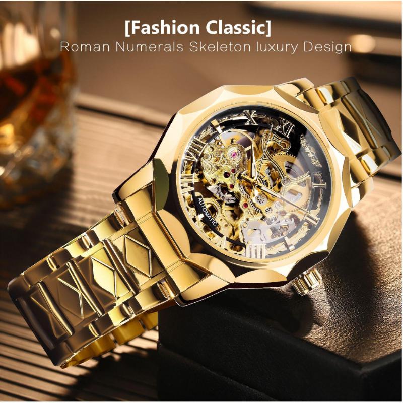 WINNER Men's Skeleton Automatic Mechanical Watches Polygonal Hollow Bottom Self Winding Wristwatch Stainless Steel Waterproof Luminous Watches for Men