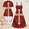 Women Plus Size Two Piece Set Short Sleeve Open Cardigan V Neck Strappy Flared Printed Dress Red Blue White