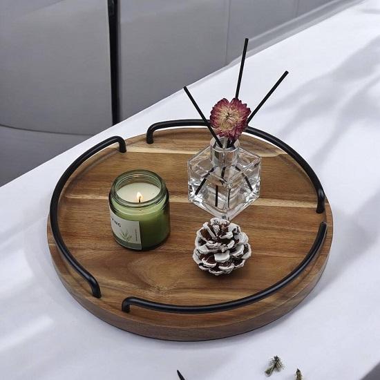 Wooden Serving Tray with Handles, Rustic Brown Color Decorative Farmhouse Wood Tray for Kitchen, Coffee Table, and Food Serving