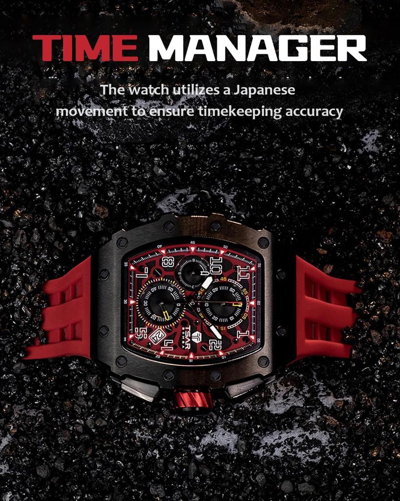 TSAR BOMBA Men's Tonneau Watch 50M Waterproof Sapphire Crystal Silicone Strap Japanese Movement Red Case Thickness 16.8mm