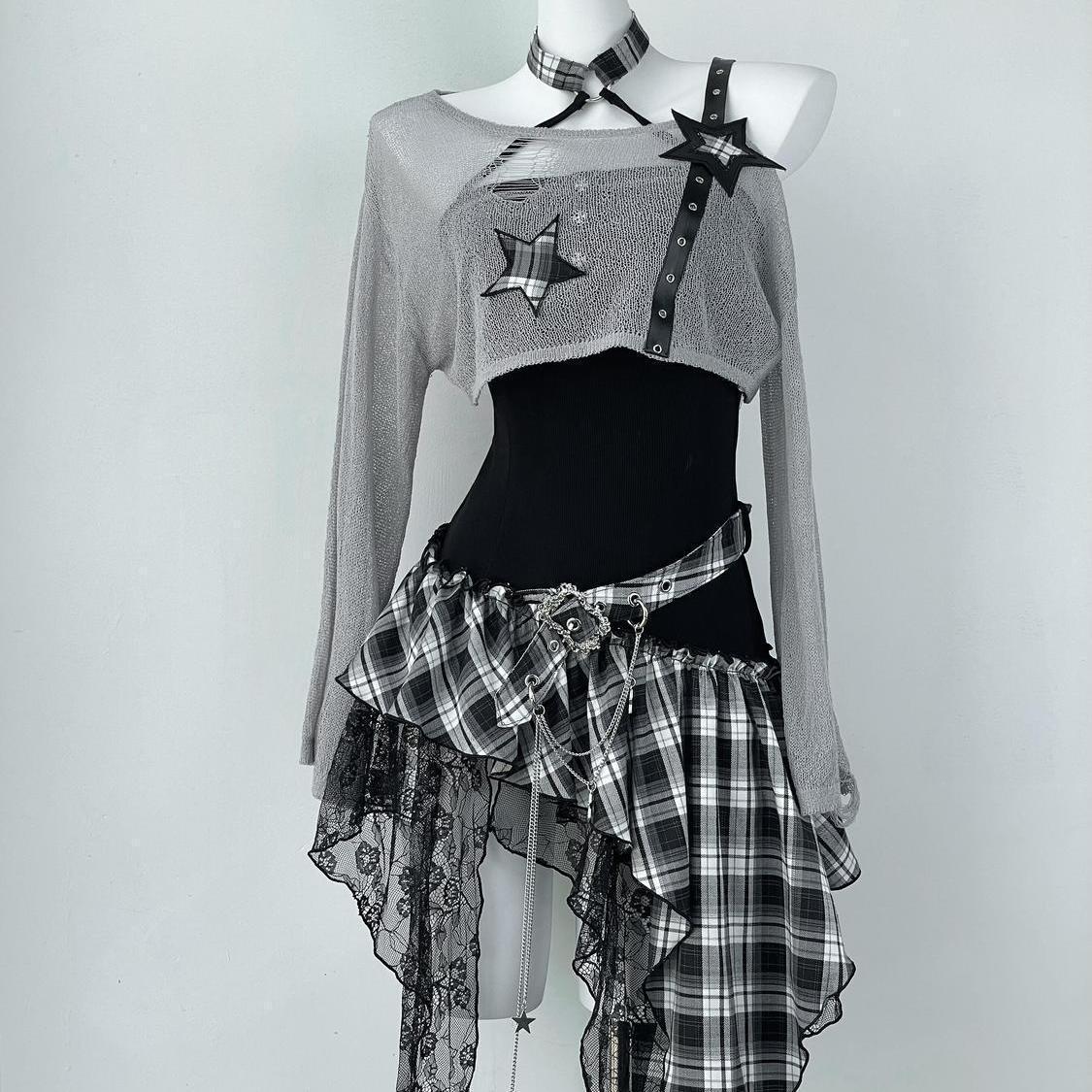 

Платье-сетка Y2K для миллениалов черного цвета: Сладкий и пикантный нишевый дизайн, приталенный, стройнящий костюм-двойка Medium