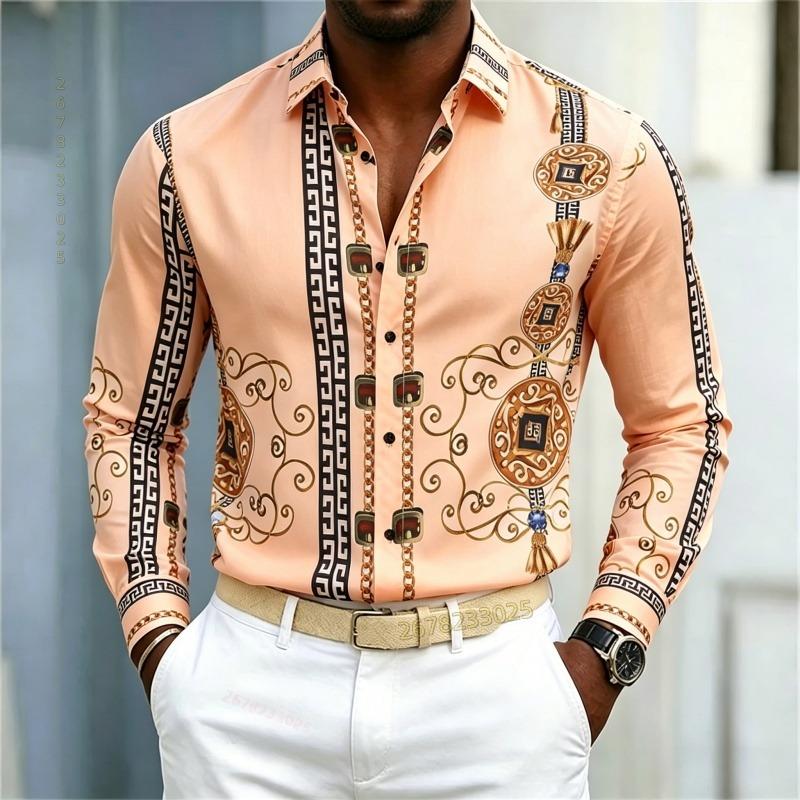 New Men's Shirt Palace Style Shirt Black Gold Pattern Printed Slimming Long Sleeve Shirt Trendy Fashion Casual Men's Wear