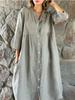 Women's New Cotton Linen Solid Color Button Long Dress