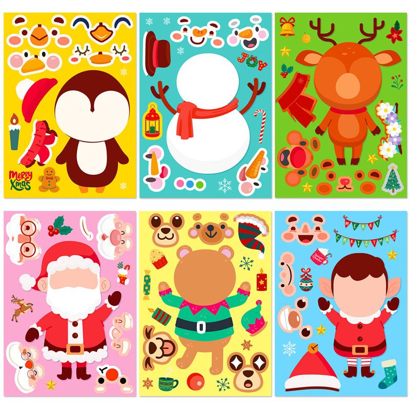 6 Sheets/Set Cartoon Christmas Theme Make a Face Stickers Children's Handmade DIY Sticker Puzzle for Gifts Packaging Decoration