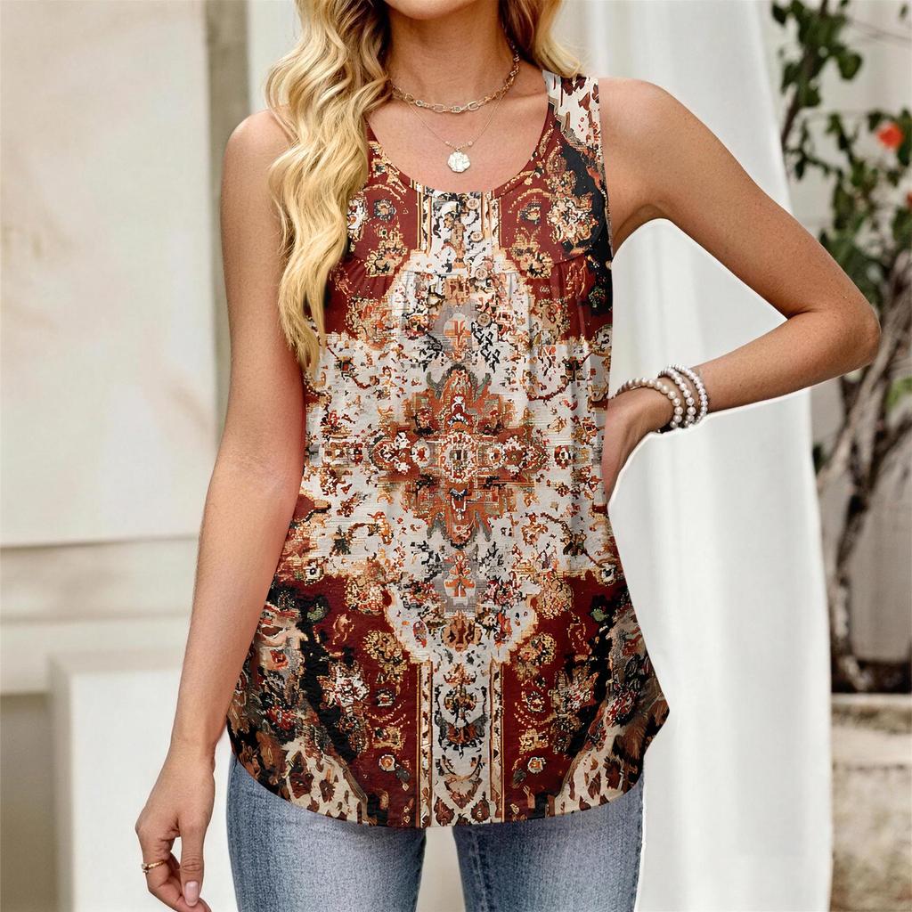 Dames Nieuwe Mode Retro Bloemen Strepen Textuur Print Ronde Hals Losse Casual Knopen Mouwloze Vest Top