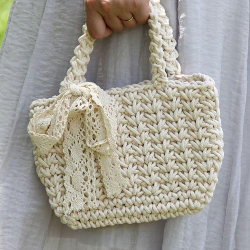 Lace Bowknot Beach Straw Bag Large Capacity Knitted Handbag Braided Underarm Bag  Woman Girls