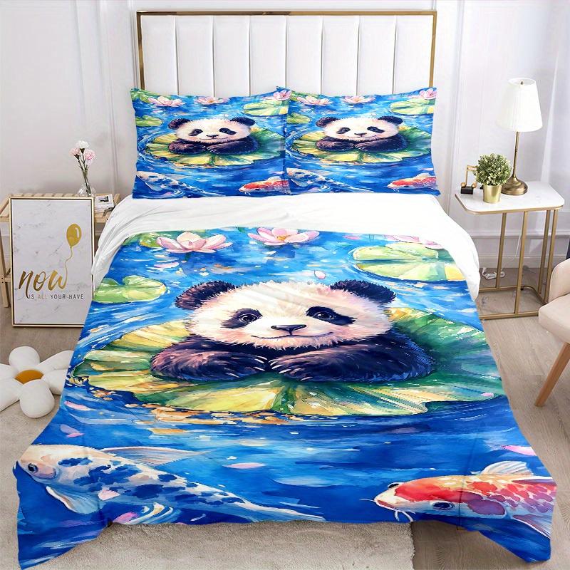 3pcs Panda Lotus Bedding Cover Set, Fashion Classic Popular Print Bedding Set, Soft Comfortable, All - Season Use, For Bedroom, Guest Room182