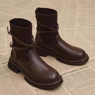 Ladies Shoes On Sale 2024 Brand Buckle Women's Boots Autumn Round Toe Solid Short Barrel Chunky Heels Fashion Stretch Boots