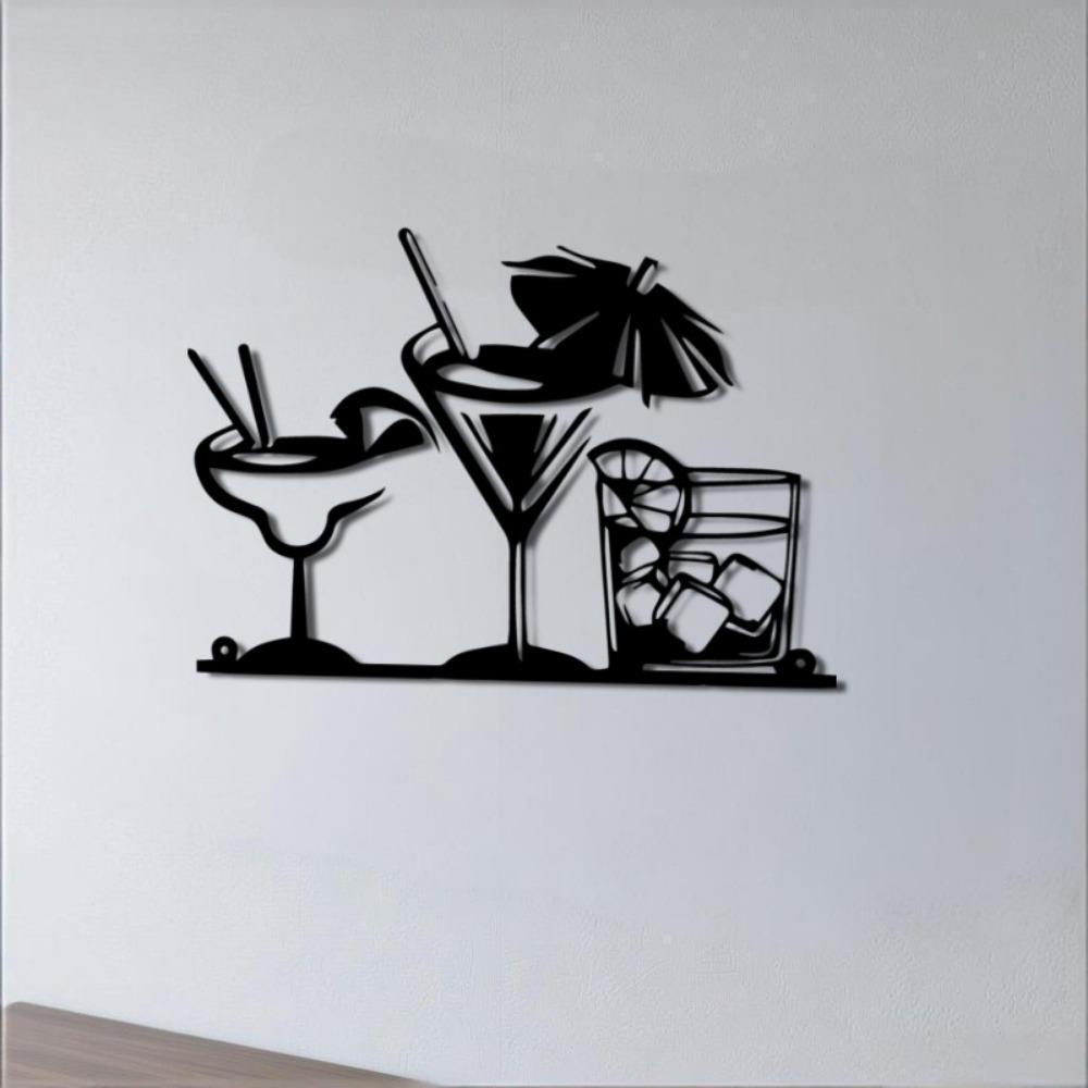 1 st Modern Metalen Wijnglas Muurkunst, Cocktail Thema IJzeren Beeldhouwwerk, Duurzaam Horizontaal Home Bar Decor voor Schouw, Plank, Man Cave, Feest