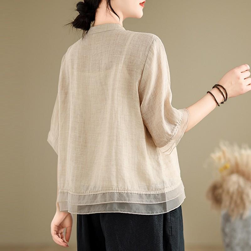 Female Summer Casual Shirt Vintage Style V-neck Floral Embroidery Loose Female Half Sleeve Shirts