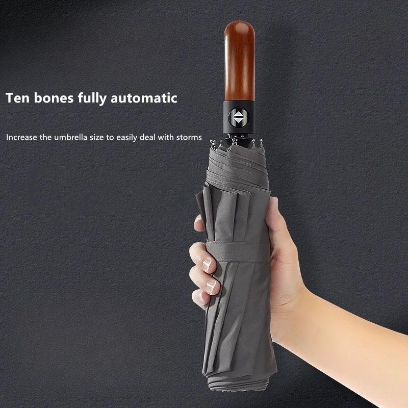 Fully Automatic Ten-rib Tri-fold Wooden Handle Umbrella Enlarged Windproof Rainproof Business Gift Advertising Umbrella