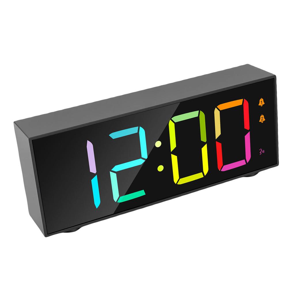 Electronic Desktop Alarm Clock 12 24 Hour LED Display Adjustable Volume RGB Dynamic Screen Alarm for Bedroom Black