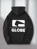 Men's Black Hooded Sweatshirt with Globe Print and Kangaroo Pocket - Casual Long-sleeved Pullover, Regular Fit