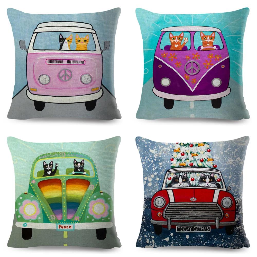 Cartoon Driving Car Cat Cushion Cover Decor Cute Pet Animal Pillowcase Polyester Pillow Case for Sofa Home Children Room 45x45cm