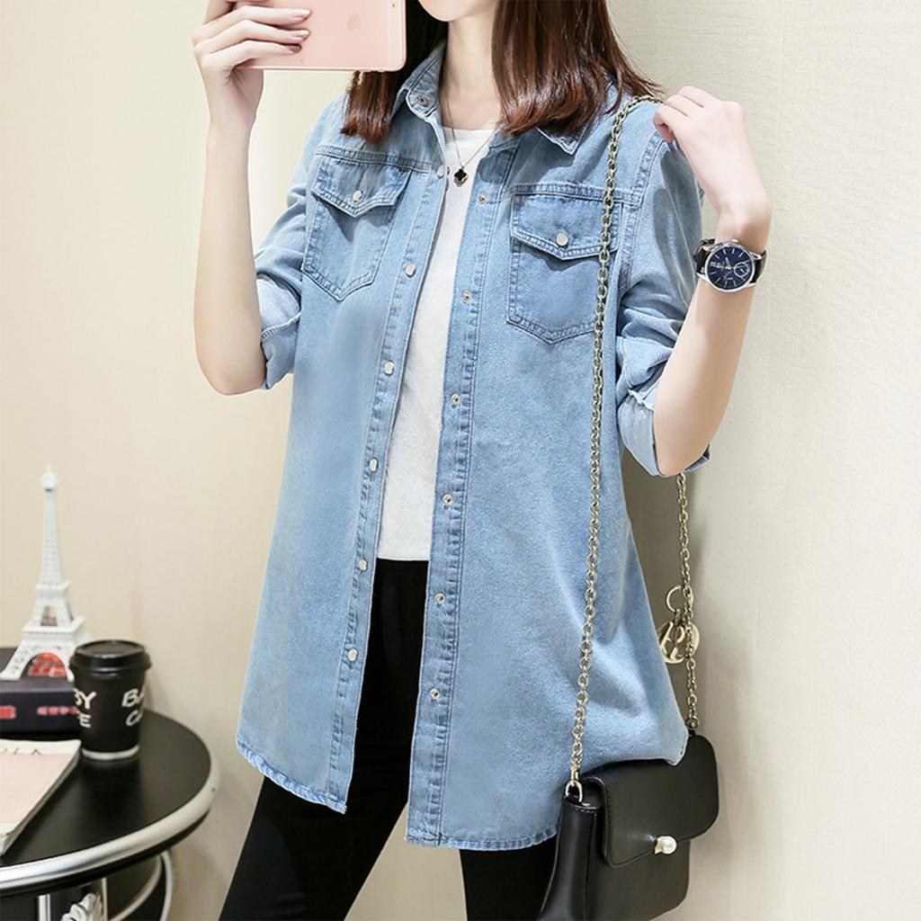 Women's Large Size Long Sleeve Slim Fit Denim Shirt Mid-Length Jacket