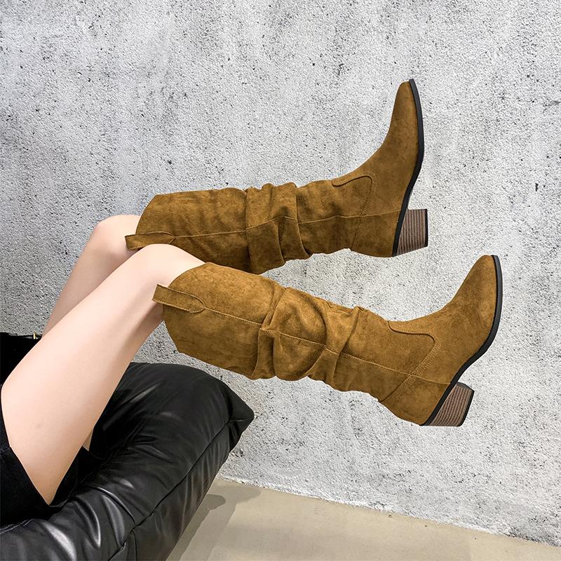 New Style Women's Winter Pointed Toe Women Knee High Boot Fashion Thick Heels Stripper Mordern Long Boots Shoes Zapatos De Mujer