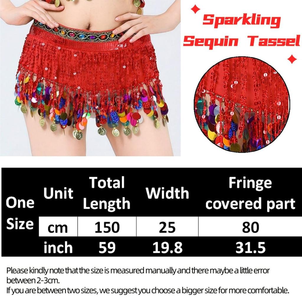 Sequin Belly Dance Hip Glitter Sequin Tassel Wrap Sparkly Bling Fringe Tassel Latin Dance Coin Hip Belt Waist Perfect for and performance [Getrays]