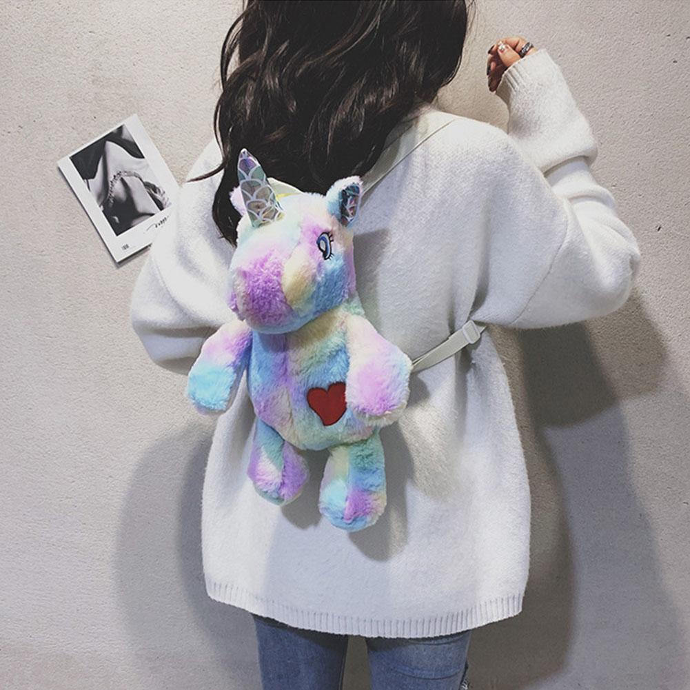 Mini Bag plush toy cartoon One-horned Horse Shaped Rainbow Backpack For Girls And Children Stuffed Animal Backpack